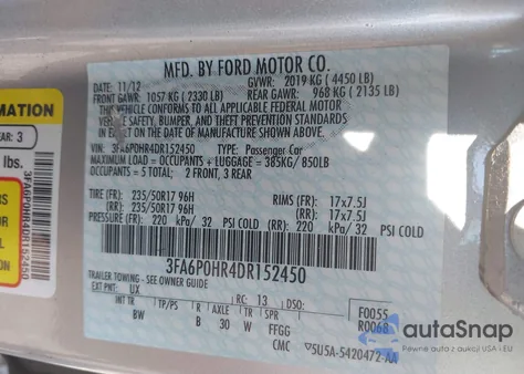 2013 Ford Fusion Se z USA, uszkodzony, nr VIN 3FA6P0HR4DR152450